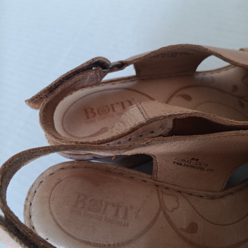 Born Wedge Sandals Womens 8 Tan Brown Leather Cross Strap Cork F19641 - Picture 7 of 7